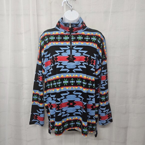 Chaps Southwestern Top Zip Turtleneck Preppy Gorp Aztec Blue Unisex L - Picture 1 of 11